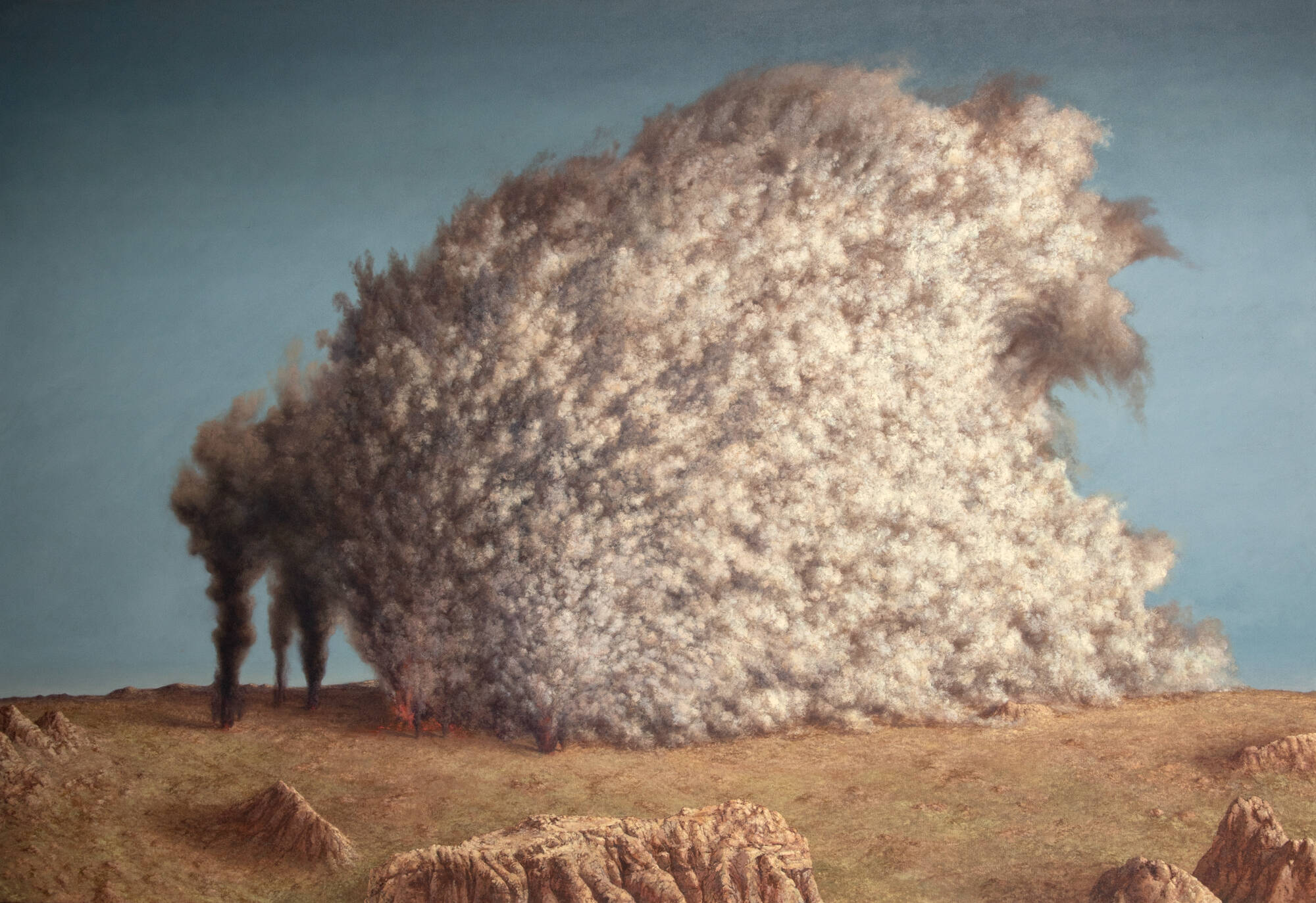 Painting of smoke rising from a volcanic area.